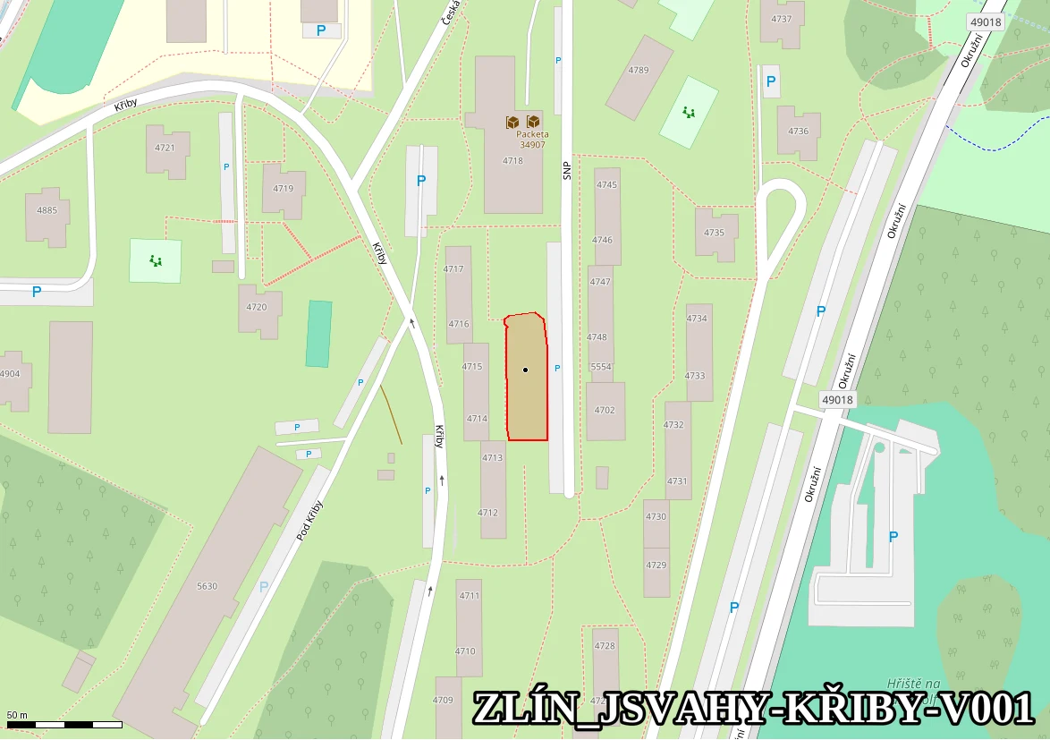 Vzadu za čp 4715 - pod parkovištěm od našich k hřišti